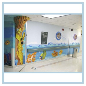 pediatric-entrance-mural-3d-fish-healthcare-art-hospital-design-waves-in-hallway