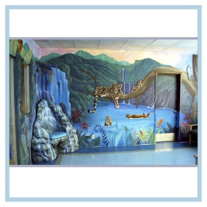 leopard-waterfall-chair-mural-with-mountains-rainforest-otters-hospital-art-healthcare-design