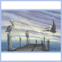 pelicans on pier